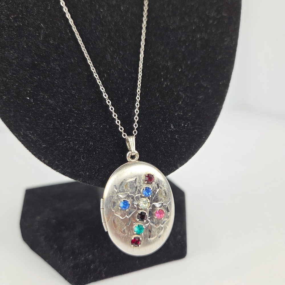 Vintage Sterling Silver Floral Etched Locket Necklace Multi-Color Rhinestone